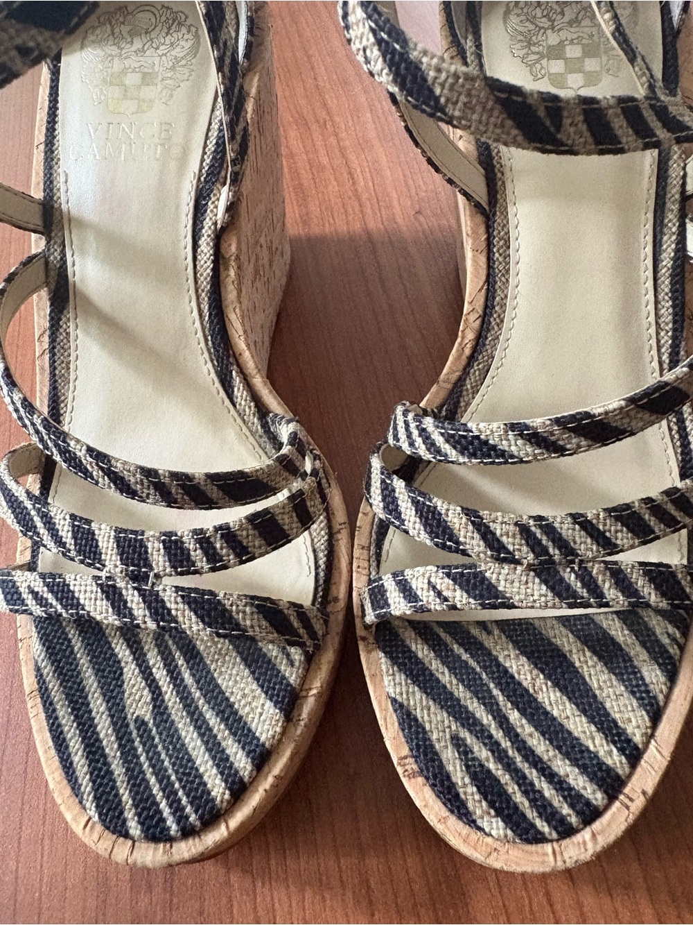 Vince Camuto Navy and Natural Striped Cork Wedge Sandals